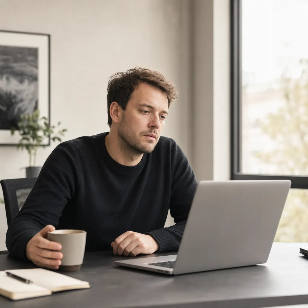 Man with coffee working on a laptop
