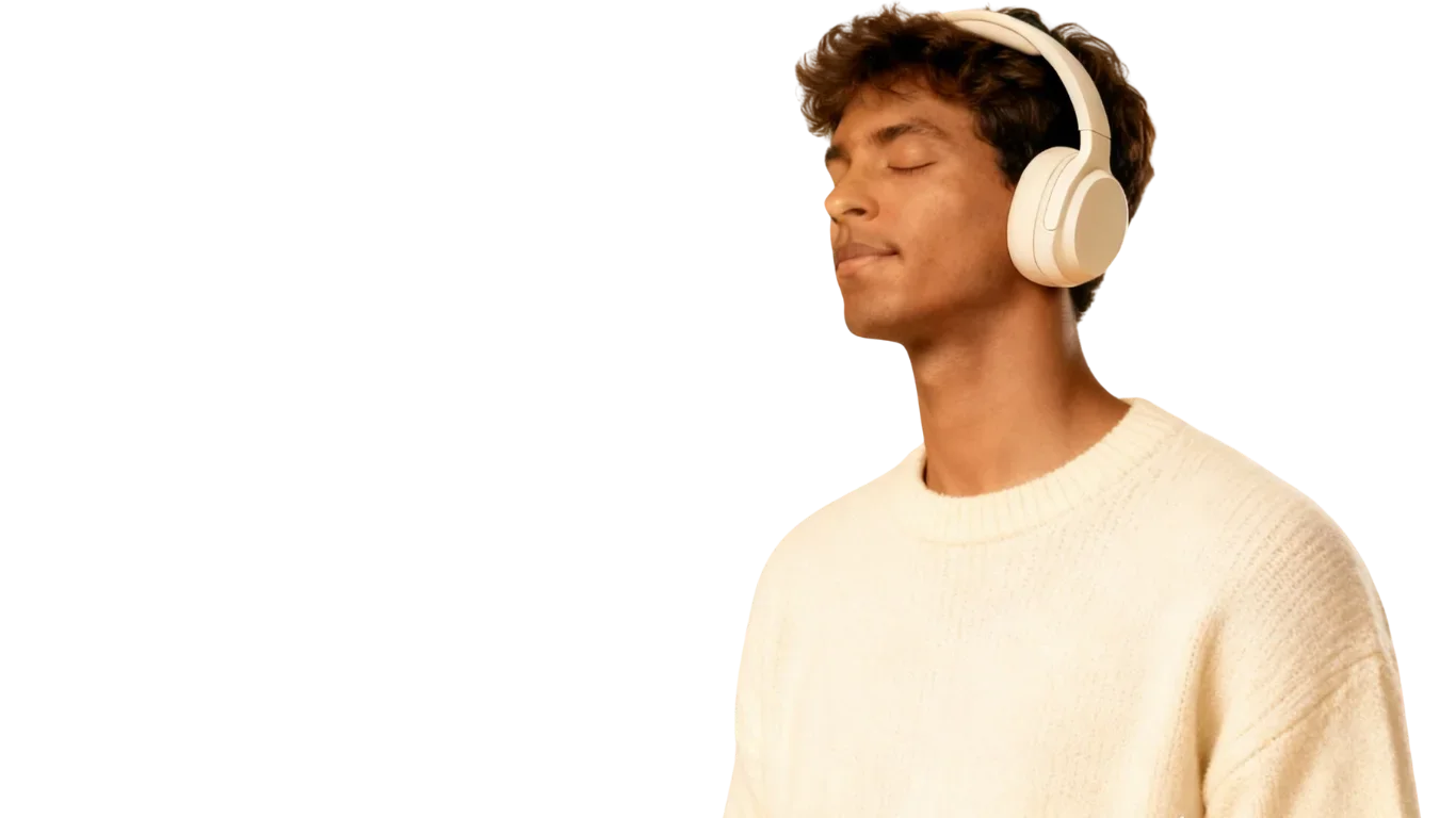 Man with eyes closed wearing DreamPhones in deep focus